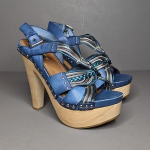 MIU MIU Blue Textured Strappy Clog Heel Sandal